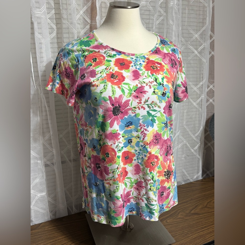Blair 2X Multicolor Floral Short Sleeve Top Round neck 30”L 25” p2p - Picture 3 of 6